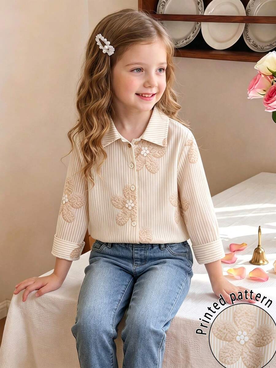 SHEIN Genkimix Kids 女童春夏條紋印花襯衫,簡約俏皮,時尚百搭,適合日常穿著與外出 - 彩色 - 查看 1