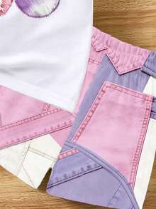Conjunto básico de camiseta corta y pantalones cortos para bebé niña con lazo rosa y estampado patchwork de cerezas, estilo minimalista fresco - Multicolor - Ver 5