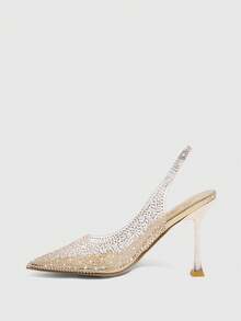 CUCCOO SZL Ladies Pointed Back Empty Fashion Elegant Party Transparent TPU Fabric Contrasting Color Hot Pearl Rhinestone Rear Lift Strap High Heel Shoes - Gold plate - View 4