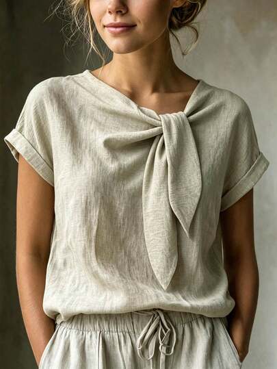 SHEIN Holidaya Fashionable High-End French Design Tie-Up Apricot Women's Cover Up, Short Sleeve Cover Up, Women's Spring/Summer Cover Up, Women's Cover-Up, Beach Outfit, Spring Clothing, Summer Outfit, Vacation, Outing, Y2K, Spring, Summer, Back To School, Casual, Beach, Business, Versatile, Women's Apricot Top,
