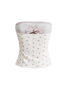 ROMWE Kawaii Women's Cute Cottagecore Coquette Lace Patchwork Floral Rabbit Print All-Match Camisole Top, Versatile Brunch White Animal Print Summer - White - View 2