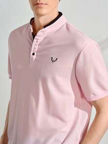 Men Antler Embroidery Mock Neck Contrast Trim Polo Shirt - Baby Pink - View 7
