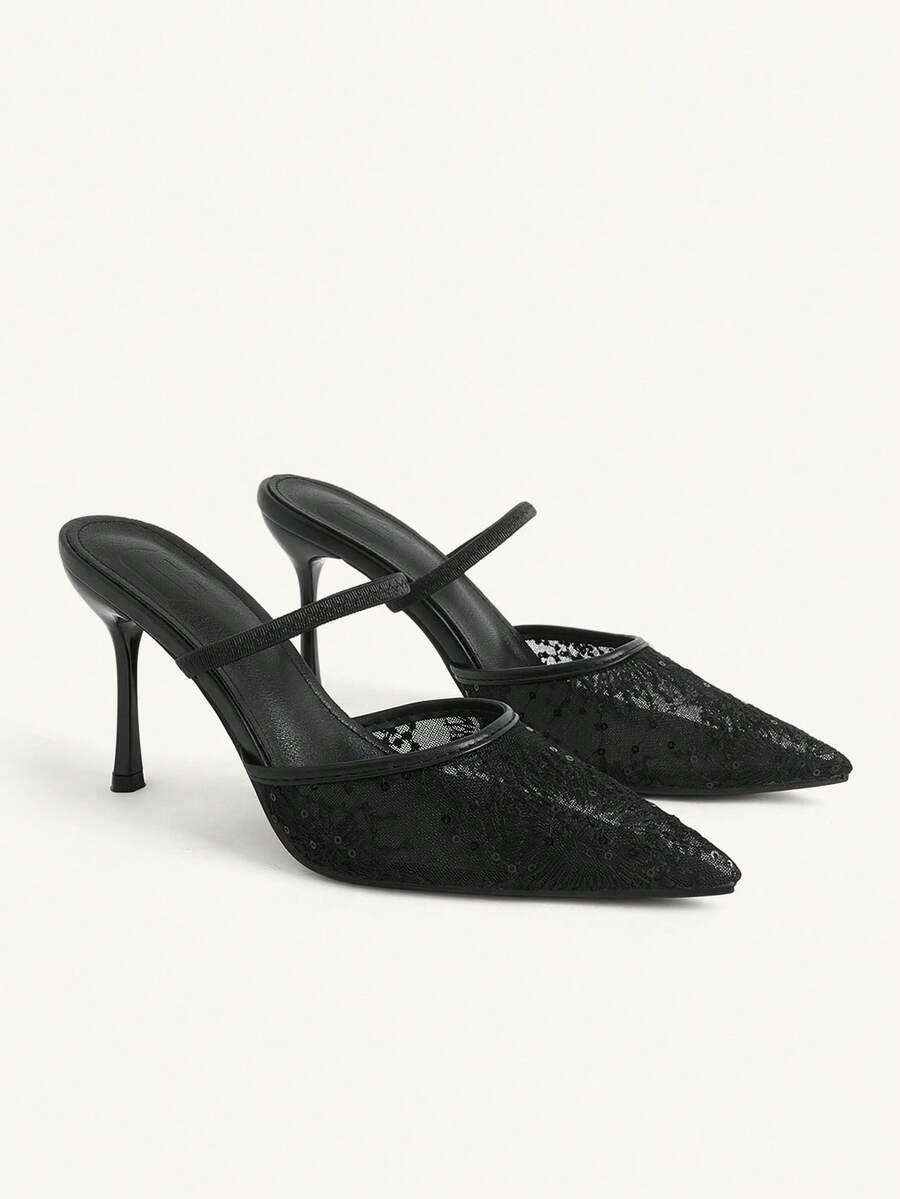 CUCCOO CHICEST Women's Spring And Summer Black Lace Mesh Pointed High Heels Women's Back Strap Stiletto Shoes - Black - View 1