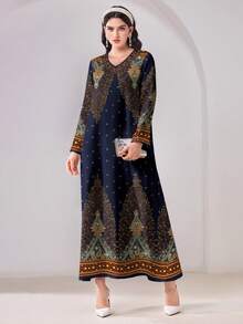 Al Najma Casual Minimalist Conservative Arabic Cashew Print Long Sleeve Dress - Multicolor - View 3