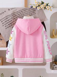 SHEIN 1件少女休閒可愛街頭風粉色長袖連帽外套，女孩團體/星星印花，保暖內裡，適合四季穿著，適用日常/外出/返校/各種場合 - 彩色 - 查看 2