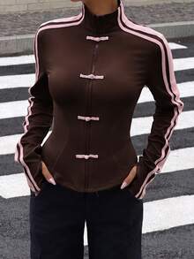 Muchica Chaqueta fina de protección solar para mujer, estilo deportivo de punto, con diseño de cinta y botones de rana, nueva para primavera/verano - Café integral - Ver 3
