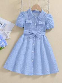 SHEIN Elladie kids Cô Gái Trẻ Kẻ sọc Ống tay áo Đầm Với thắt lưng - Màu xanh lam - Xem 6