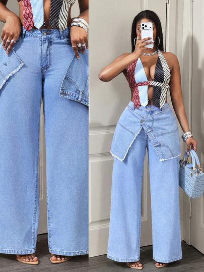 Slaydiva Quần jean denim phối vá bất đối xứng cạp cao dáng rộng size lớn
