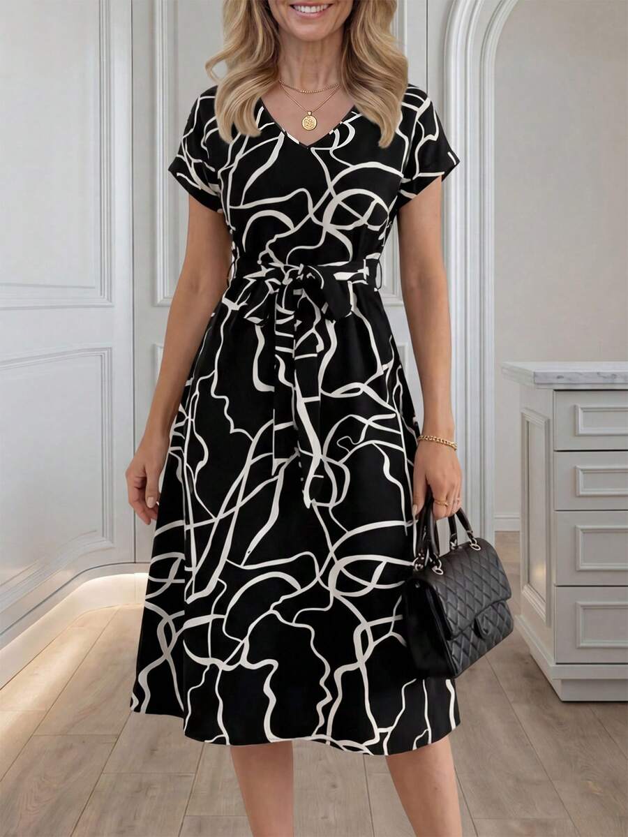 Medorina Graphic Print Batwing Sleeve Belted Dress Casual Outfit For Women Spring Summer - Black and White - View 1