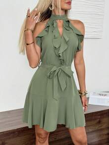 Easowa Halter Neck Frill Trim Tie Cinched Waist Hem A-Line Umbrella Skirt Sleeveless Elegant Summer Women Mini Dress Sage Green Garden Party Brunch Tea Party - Green - View 6