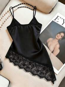 Franclia Elegant Casual V-Neck Lace Patchwork Asymmetrical Hem Camisole Top, Versatile For Summer Home Party - Black - View 3