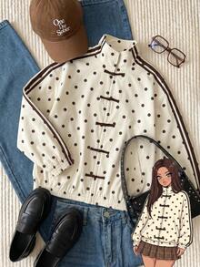 Comfortcana Plus Size Colorblock Striped Polka Dot Print Sweatshirt Fall - Apricot - View 9