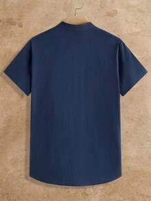 HIMLAND Camisa de hombre de corte holgado con media botonadura de color liso - Azul Marino - View 3