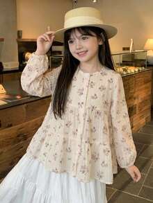 DAZY Blusa de cuello redondo con estampado floral lindo de manga larga para otoño para niñas jóvenes - Beis - Ver 4
