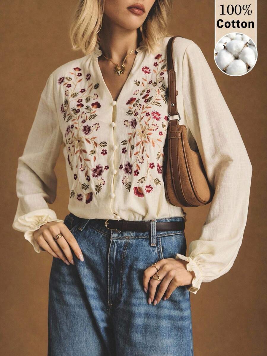 Poéselle 女款花卉印花休閒復古波西米亞鄉村風百搭日常穿著度假襯衫 日間派對早午餐度假晚茶會 米色秋季 - 白色 - 查看 1