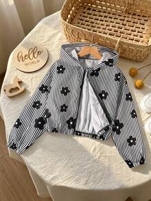 SHEIN Chaqueta con capucha y cremallera de manga larga con estampado floral y rayas para niña preadolescente - Multicolor - Ver 4