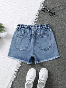 Girls' Denim Shorts, Light Blue Washed Distressed Frayed Hem Denim Shorts, Asymmetrical Elastic Waist Design, Loose Fit Casual Versatile Y2K Summer Street Style Girls' Shorts, Suitable For Daily Outings, School, Commuting, Summer Vacation, Outdoor And More Occasions - Blue - View 2