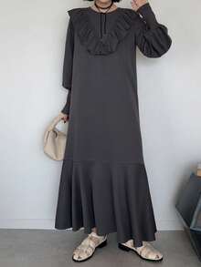 FRIFUL Women's Solid Color Ruffle Long Dress Brunch Dark Grey Autumn Elegant Casual French Everyday Day Time Everyday Day Time - Grey - View 8