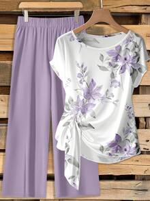 SHEIN LUNE Bộ 2 món áo blouse thắt nơ và quần ống suông rộng cho nữ - Nhiều màu - Xem 5