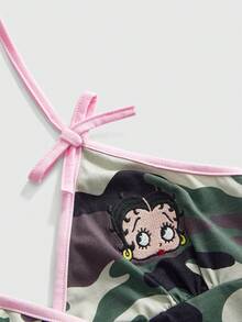 Betty Boop | ROMWE Camiseta de tirantes finos con estampado de camuflaje y contraste de colores, en colaboración - Multicolor - Ver 3