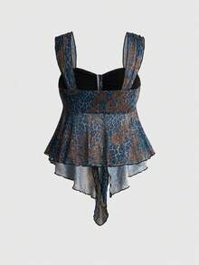 ROMWE Avant Y2K Wild Hippie Leopard Print Paisley Pattern Mesh Loose Hem Square Neck Top - Blue - View 2