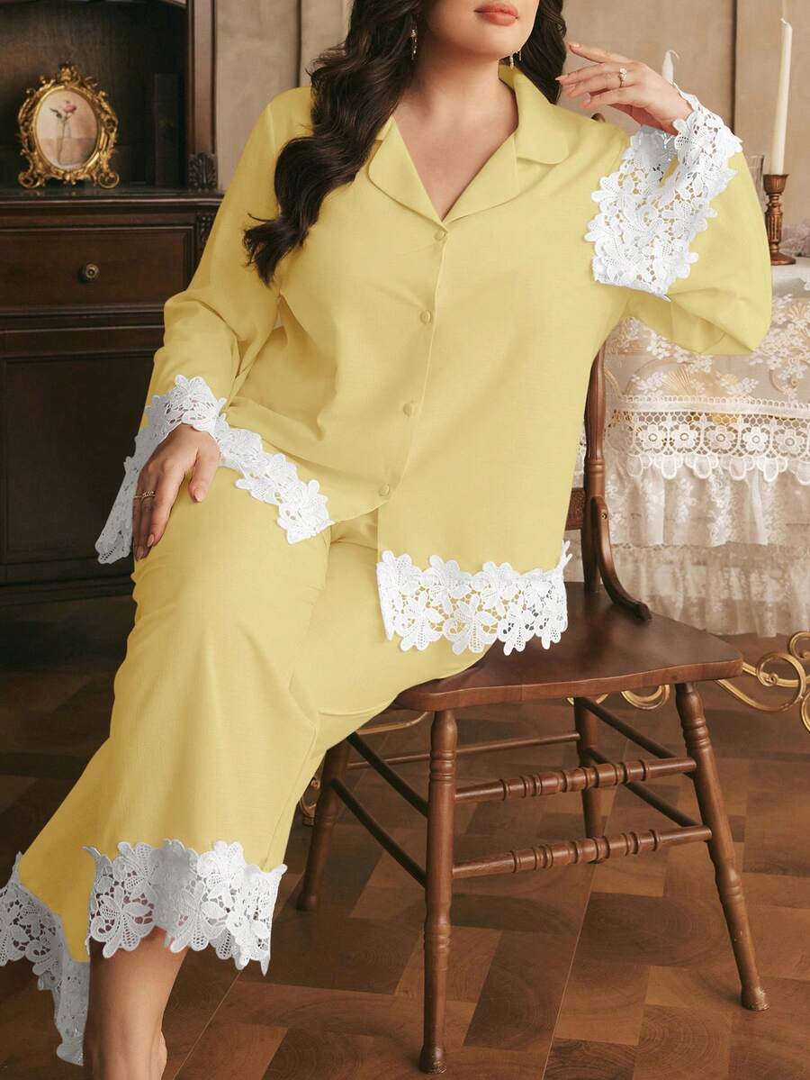 Côtesoire Elegant Plus Size Women's Contrast Lace Single-Breasted Blouse And Pants Puff Ruffle Pajama Set - Yellow - View 1