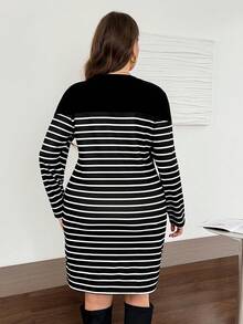 Comfylo Plus Size Women's Round Neck Black And White Colorblock Casual Simple Dates Vacation Dress Birthday Brunch Office Teacher Autumn Fall - Black - View 2