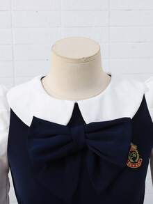 SHEIN 少女返校穿搭，修身粉色與白色拼接長袖洋裝，3D蝴蝶結裝飾，翻領開襟，復古學院風，精緻粉色與白色格紋，大蝴蝶結點綴，休閒襯衫洋裝 - 藏蓝色 - 查看 9