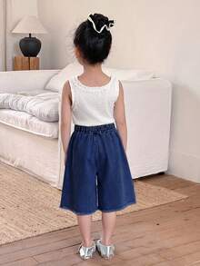 SHEIN Little Byeori 少女淺藍色牛仔寬鬆百慕大短褲 - 深色水洗藍 - 查看 2