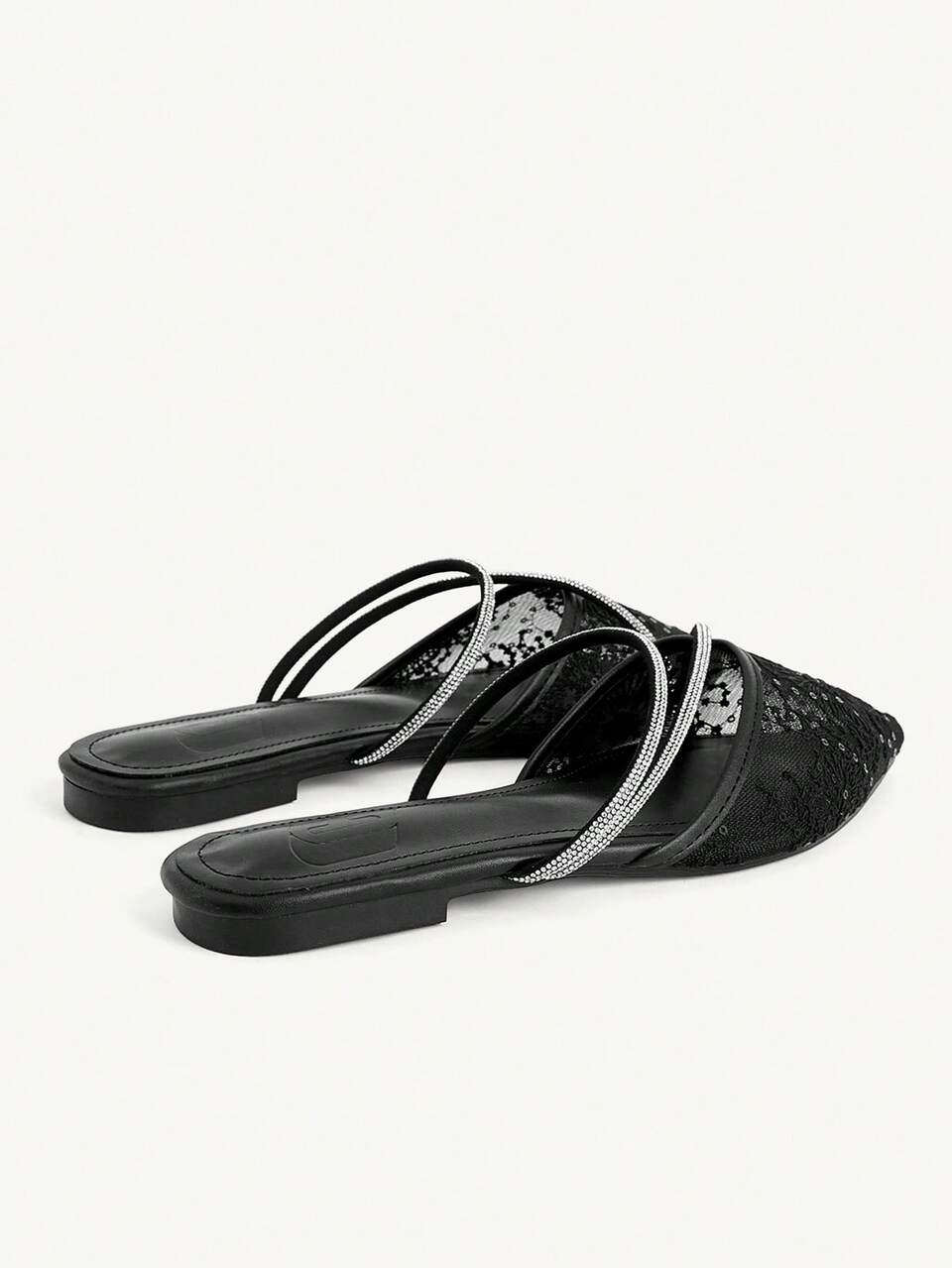 CUCCOO CHICEST Fashion Black Lace Mesh Rhinestone Strip Women's Flat Mules Shoes Fashionable Breathable Cute Sweet Elegant Women's Flat Shoes Slip