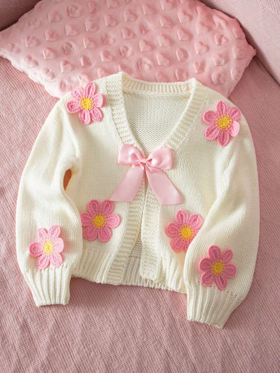 SHEIN 女童針織V領花卉圖案休閒開襟衫 - 白色 - 查看 1
