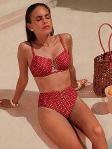 Swim Chiccia 女款紅白色波點比基尼套裝，70年代復古高腰兩件式泳衣，附金色U型裝飾，夏季度假泳池派對穿搭 - 紅色 - 查看 7