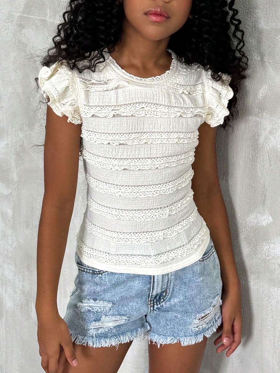 Camiseta blanca lisa con ribete de volantes para niña preadolescente, estilo streetwear de verano para vacaciones - Albaricoque - View 1