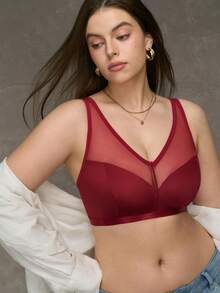 SHEIN Sujetador sin aros de talla grande y estilo minimalista curvo, color rojo vino, con elevación - Burdeos - Ver 3