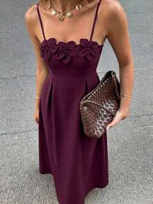 Weeklong Plus Size Women's Spring/Summer Spaghetti Strap Dress With 3D Floral Decor, Cinched Waist, A-Line Casual Elegant Wedding Formal Burgundy - Burgundy - View 3