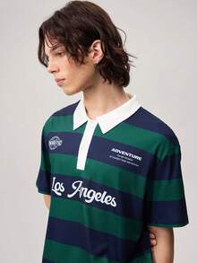 Men Striped & Slogan Graphic Polo Shirt - Dark Green - View 5