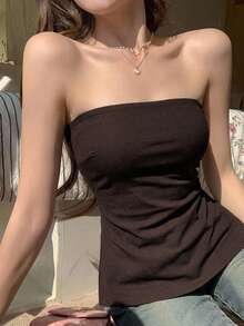 Strévra Women's Solid Color Pleated Bandeau Top, Fashionable For Vacation Tube Tops - Brown - View 4