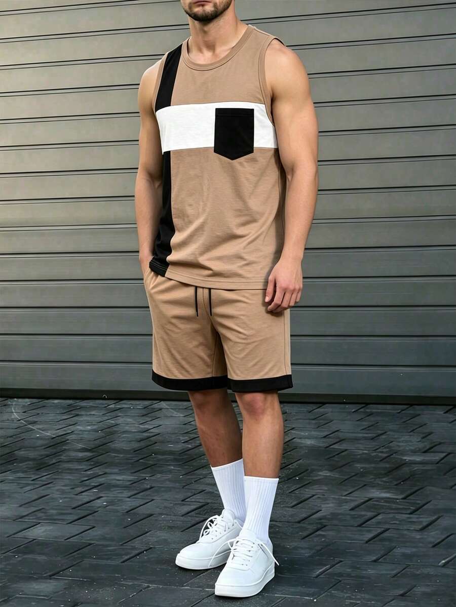 Manfinity Homme 男士背心與彈性腰抽繩短褲套裝,黑白卡其幾何拼接背心,左胸口袋,口袋為黑色,中間橫向白色拼接,簡約而豐富的設計;下身為同色運動短褲,褲腳邊緣飾以黑色滾邊拼接;基本極簡版型,男士春夏時尚背心套裝,休閒舒適百搭,適合外出、通勤、街拍、居家、旅行、度假、日常穿著等 - 駝色 - 查看 1