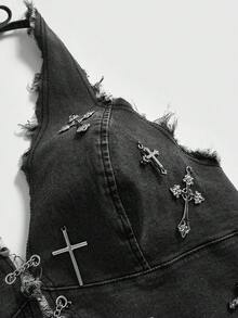 ROMWE Goth 女款復古深色十字掛脖性感大尺碼牛仔上衣 - 灰色 - 查看 4