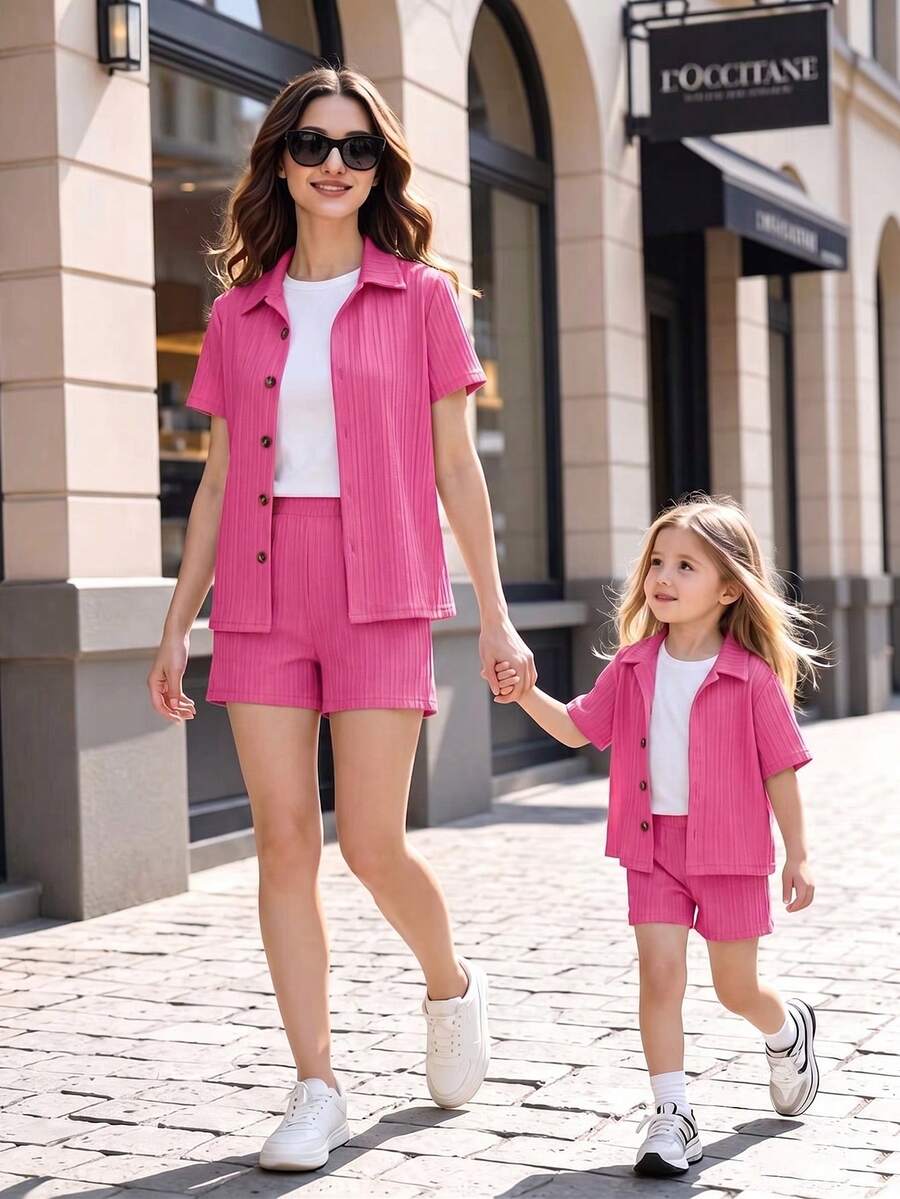 SHEIN 2pcs Set: Young Boy Button-Up Short Sleeve Fashionable Top And Loose Casual Shorts - Hot Pink - View 1
