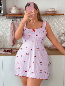 Slumberry CURVE Plus Size Sweet Casual Comfortable Knit Striped Cherry Print Ruffle Hem Nightgown - Purple - View 3