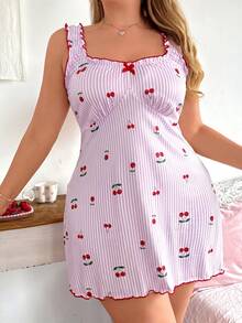 Slumberry CURVE Plus Size Sweet Casual Comfortable Knit Striped Cherry Print Ruffle Hem Nightgown - Purple - View 4