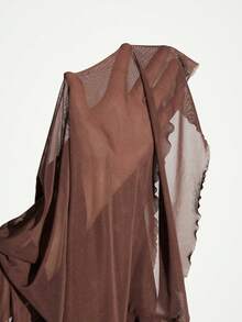 Lumivelle Top sans manches en patchwork de maille à pois marron foncé, design à col montant avec volants, coupe cintrée affinante, t-shirt sans manches élégant style mature pour fille à la mode - Tabac - Voir 6