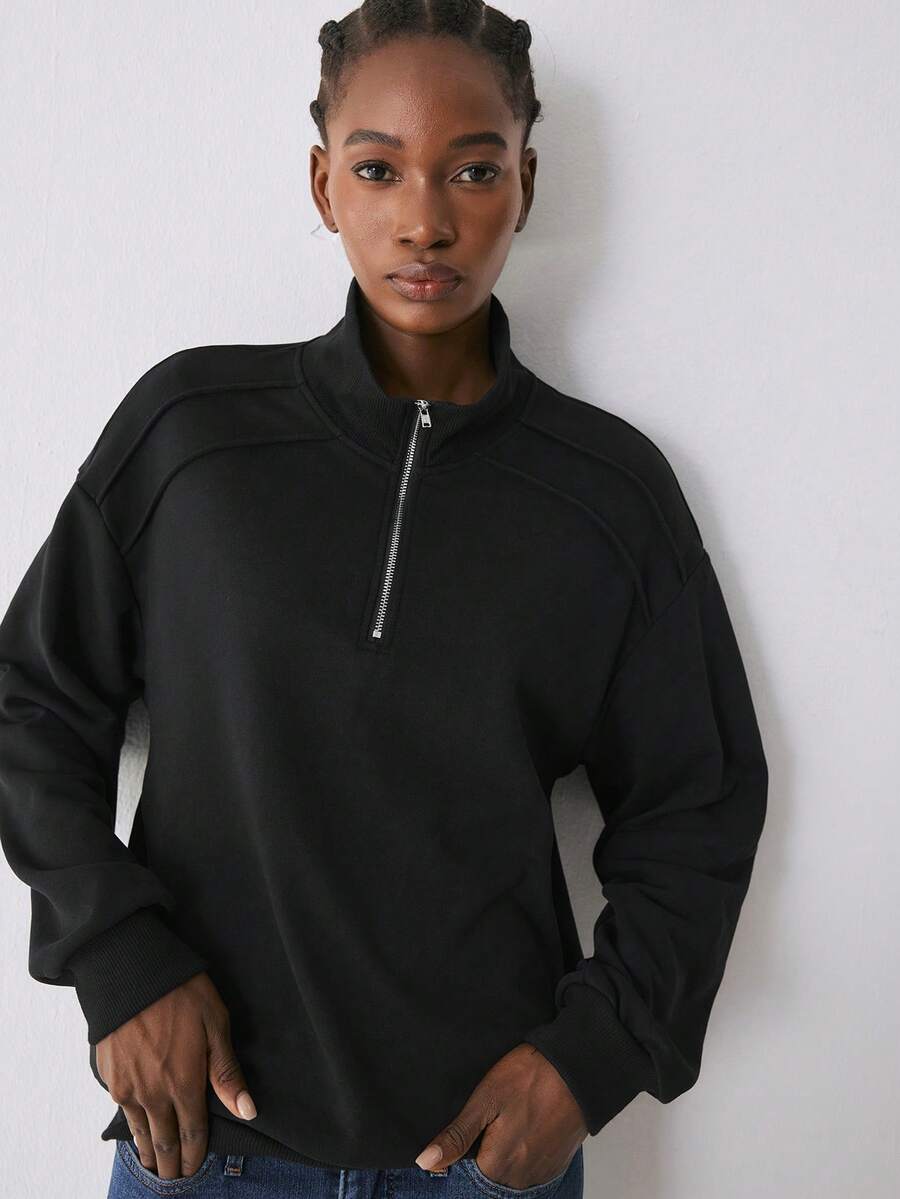 YARNWELL Women's Solid Color Long Sleeve Half-Zip Casual Loose Sweatshirt