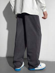 SHEIN 青少年男孩休閒 2 合 1 寬鬆運動長褲，深灰色彈性腰帶褲，復古風，適合秋季、春季、學校、日常穿著、運動、生日派對、外出，百搭簡約，情人節 - 深灰色 - 查看 2