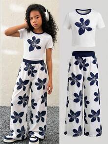 SHEIN Tween Girls 2pcs/Set Casual Comfortable Fashion Round Neck Short Sleeve Top With Elastic Waist Loose Straight Leg Pants Floral Print Versatile - Multicolor - View 3