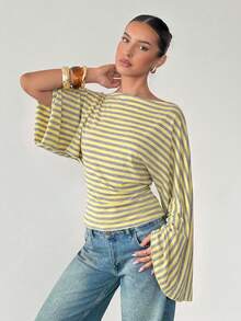 Siren Gaze Retro Striped Boat Neck Loose Top | Batwing Sleeve Slimming Cropped Top - Casual Vacation/Everyday Style - Green - View 5