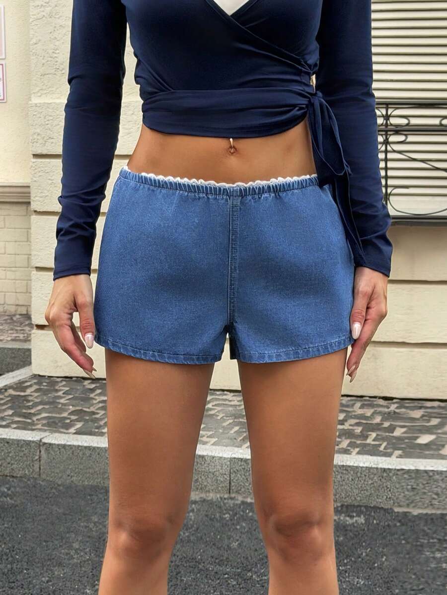 Flexra Women's Elastic Waist Casual Loose Fashion Denim Shorts - Blue - View 1