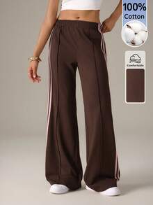 SHEIN Tall Women's Elastic Waist Side Stripe Wide Leg Loose Casual Sports Pants, Back To School - Brown - View 7