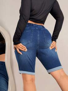 Flexra Plus Size Women's Casual Slim Fit Denim Shorts Trail Ride Navy Blue Summer - Dark Wash - View 3